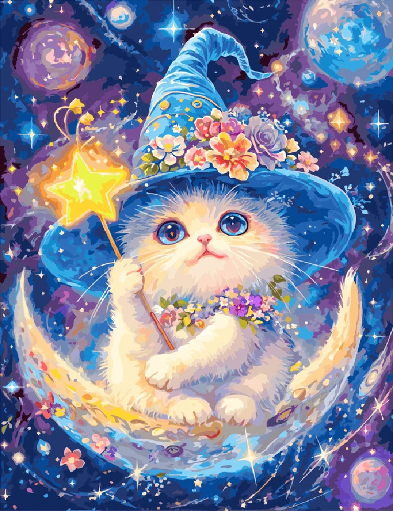 A whimsical painting of a cat wearing a witch hat, perched on a crescent moon against a starry night sky.