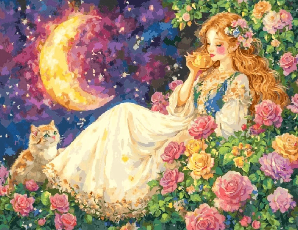A painting depicting a woman in a dress beside a cat resting on a rose bush, showcasing vibrant colors and serene ambiance.