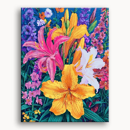 A vibrant painting of various colorful flowers blooming in a sunny field.