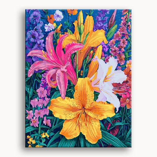 A vibrant painting of various colorful flowers blooming in a sunny field.
