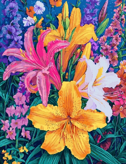 A vibrant painting of various colorful flowers blooming in a sunny field.