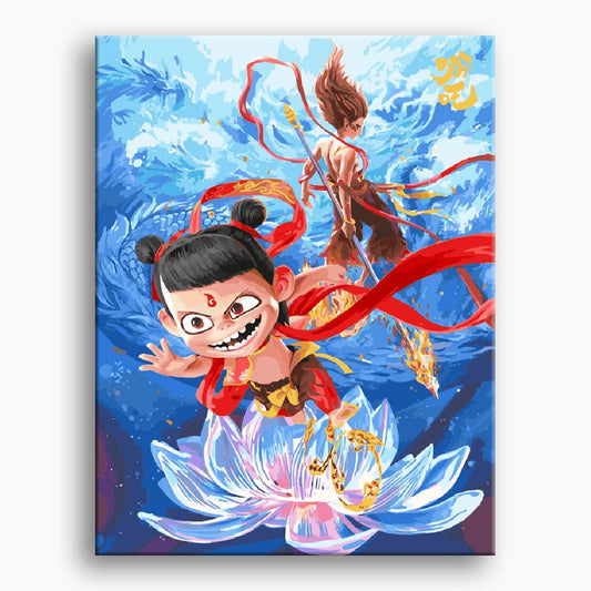 A Chinese girl and boy sitting together on a vibrant lotus flower, surrounded by serene water and greenery.