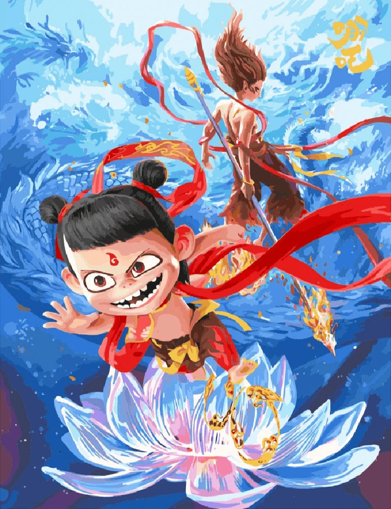 A Chinese girl and boy sitting together on a vibrant lotus flower, surrounded by serene water and greenery.