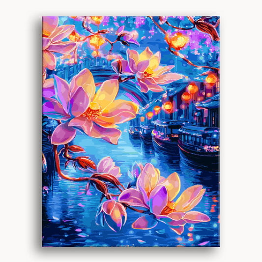 A vibrant painting featuring colorful flowers and boats gently floating on a serene body of water.