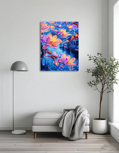 A vibrant painting featuring colorful flowers and boats gently floating on a serene body of water.