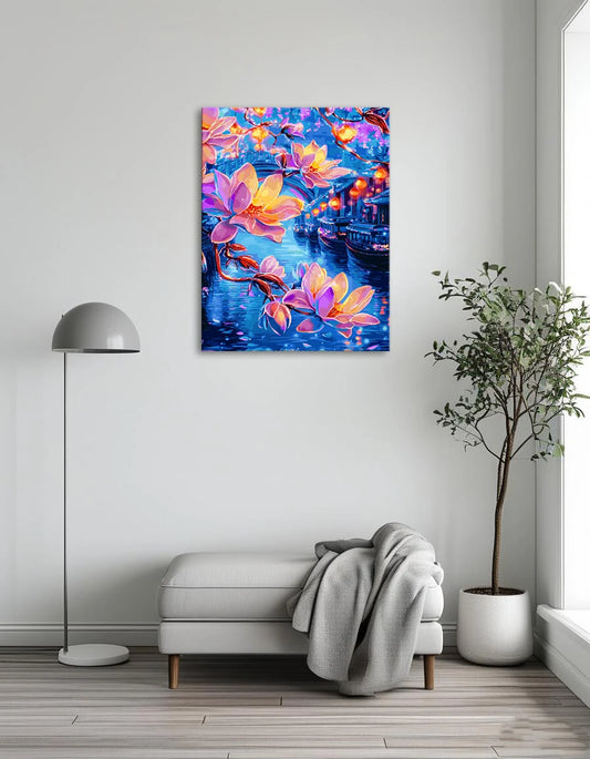 A vibrant painting featuring colorful flowers and boats gently floating on a serene body of water.