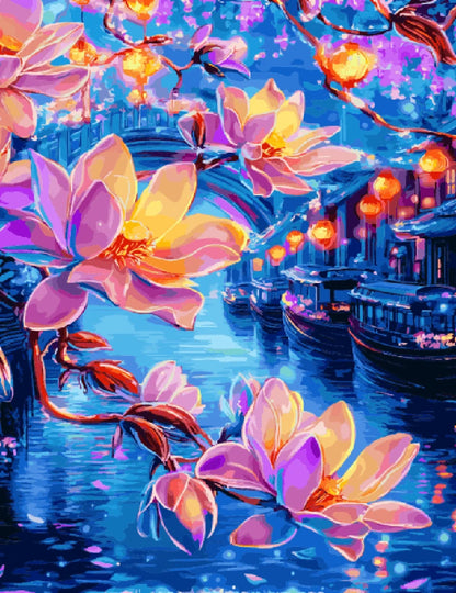 A vibrant painting featuring colorful flowers and boats gently floating on a serene body of water.