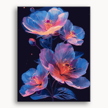 A vibrant painting of colorful flowers set against a deep black background, highlighting their beauty and contrast.