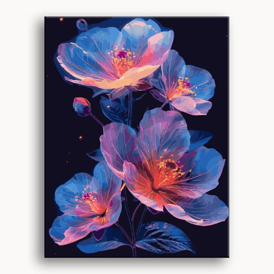 A vibrant painting of colorful flowers set against a deep black background, highlighting their beauty and contrast.