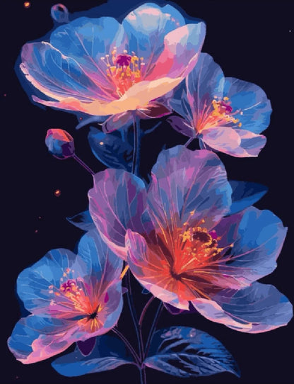 A vibrant painting of colorful flowers set against a deep black background, highlighting their beauty and contrast.