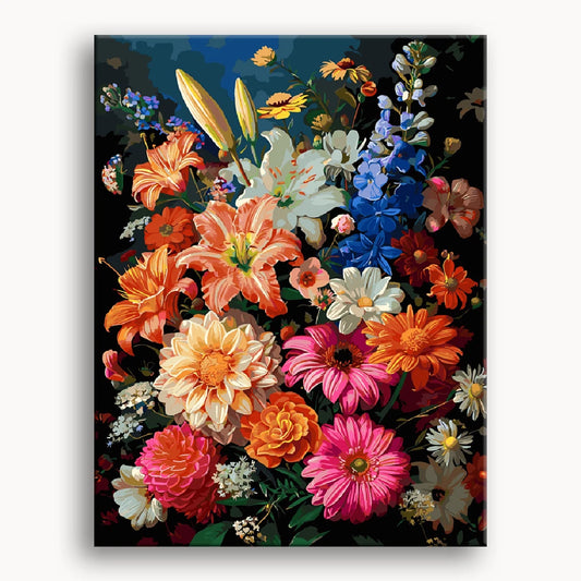 A vibrant painting featuring a colorful bouquet of assorted flowers in a decorative vase.