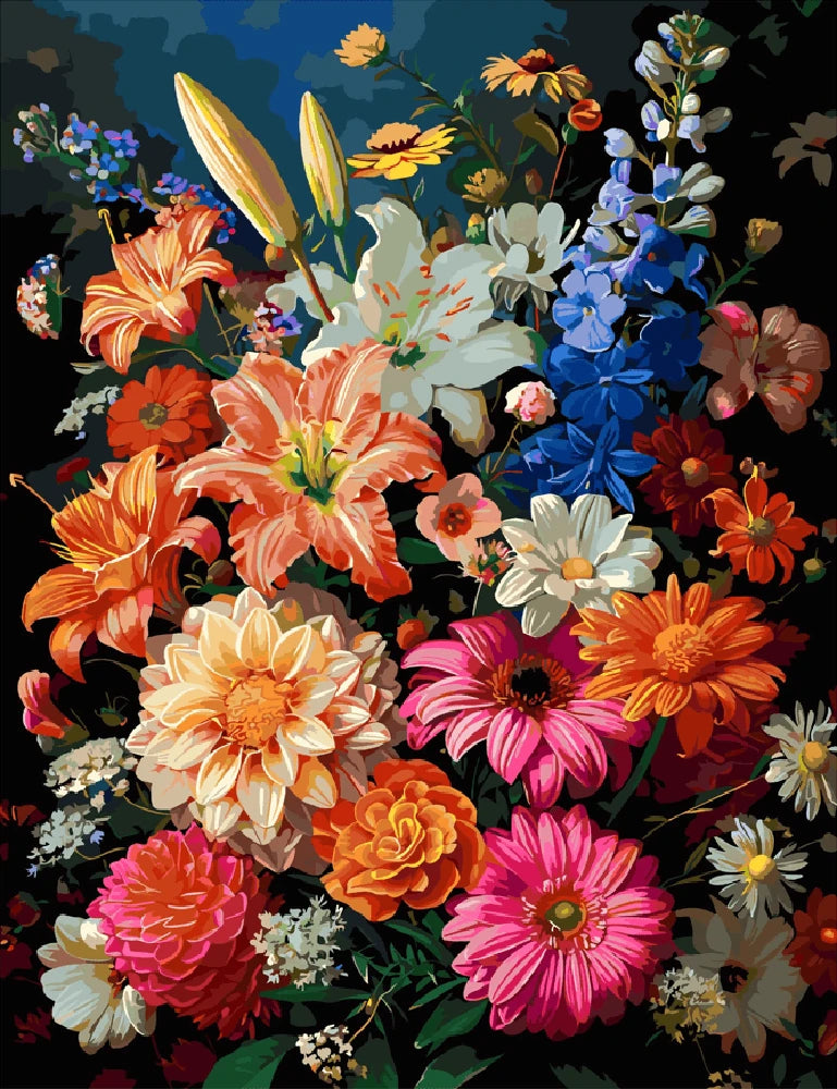 A vibrant painting featuring a colorful bouquet of assorted flowers in a decorative vase.