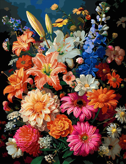 A vibrant painting featuring a colorful bouquet of assorted flowers in a decorative vase.