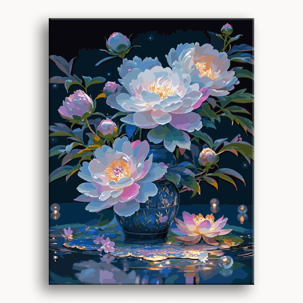 A vibrant painting of assorted flowers in a decorative vase, showcasing a burst of colors and textures.