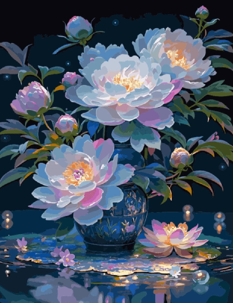 A vibrant painting of assorted flowers in a decorative vase, showcasing a burst of colors and textures.
