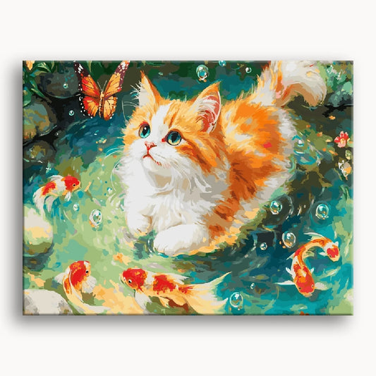 A white cat perched on a colorful cake, surrounded by vibrant balloons, creating a whimsical celebration scene.