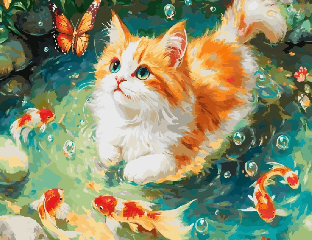 A white cat perched on a colorful cake, surrounded by vibrant balloons, creating a whimsical celebration scene.