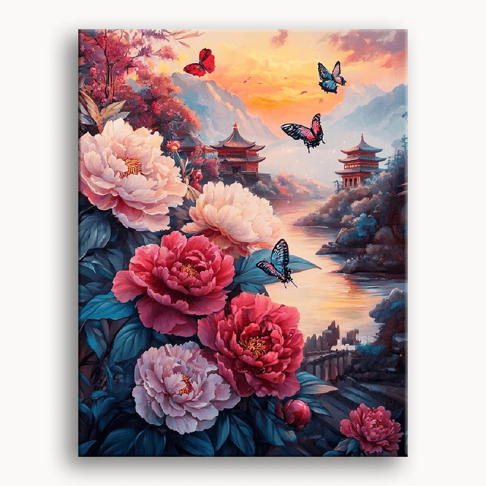 A vibrant painting of flowers and butterflies against a colorful sunset backdrop.