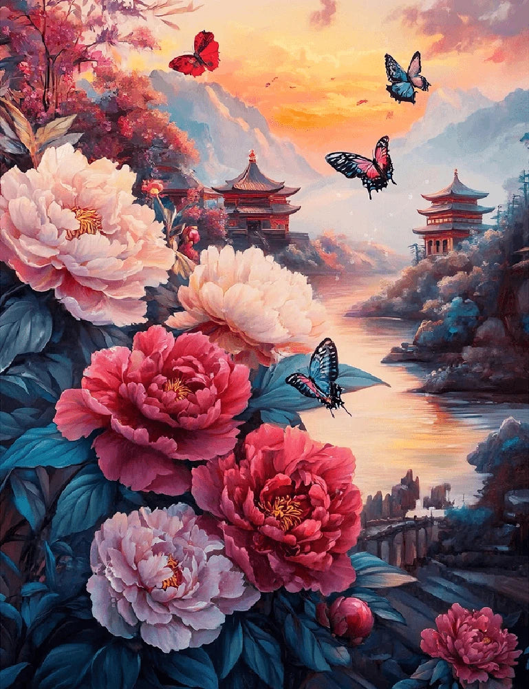 A vibrant painting of flowers and butterflies against a colorful sunset backdrop.