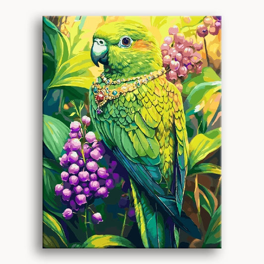 A vibrant green parrot perched on a branch, surrounded by lush foliage in a colorful painting.