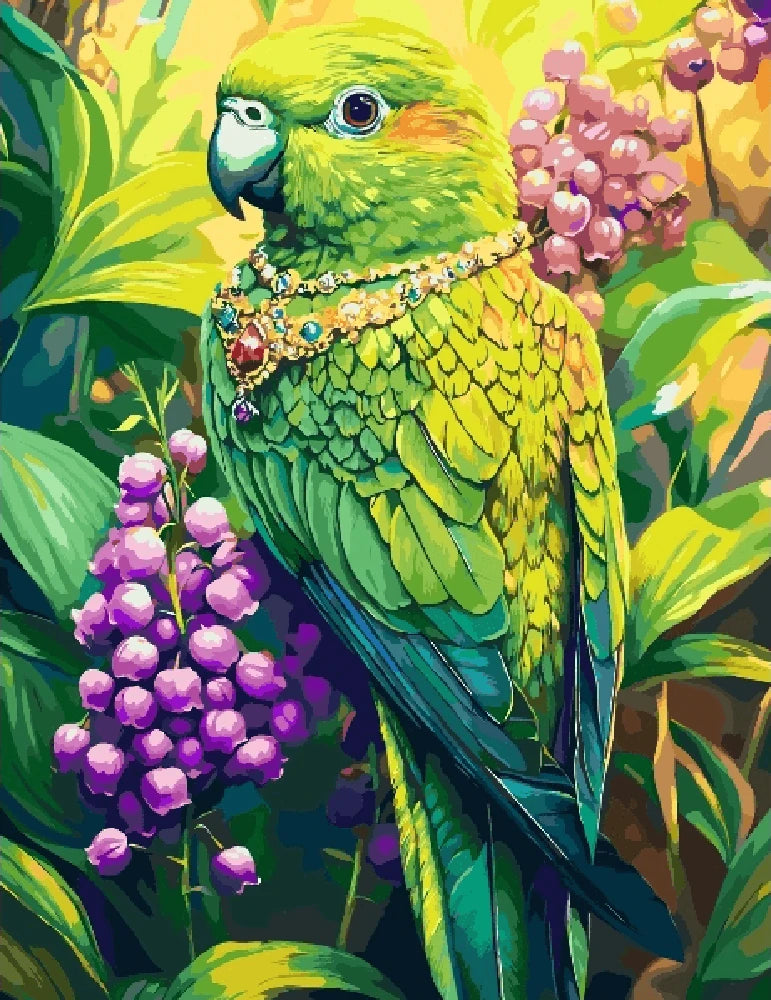 A vibrant green parrot perched on a branch, surrounded by lush foliage in a colorful painting.