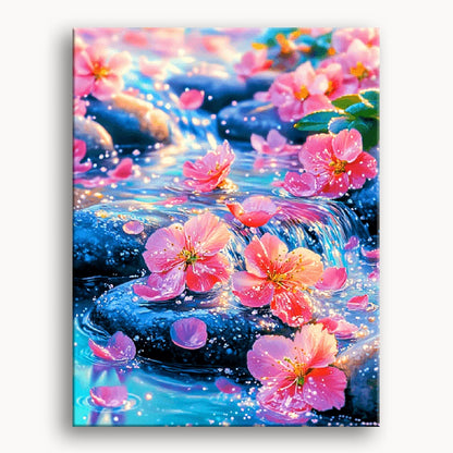 Pink flowers gently float on the surface of a clear stream, creating a serene and picturesque scene.