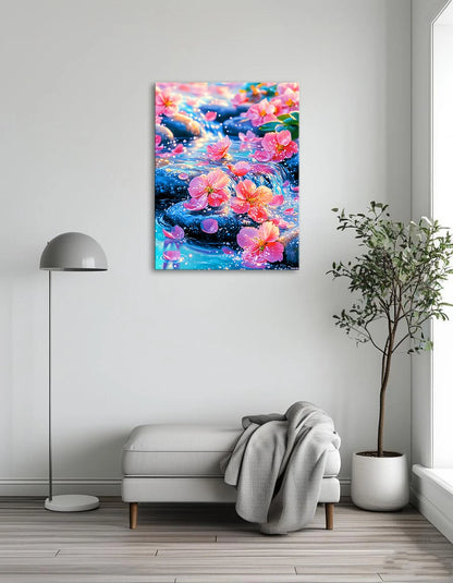 Pink flowers gently float on the surface of a clear stream, creating a serene and picturesque scene.