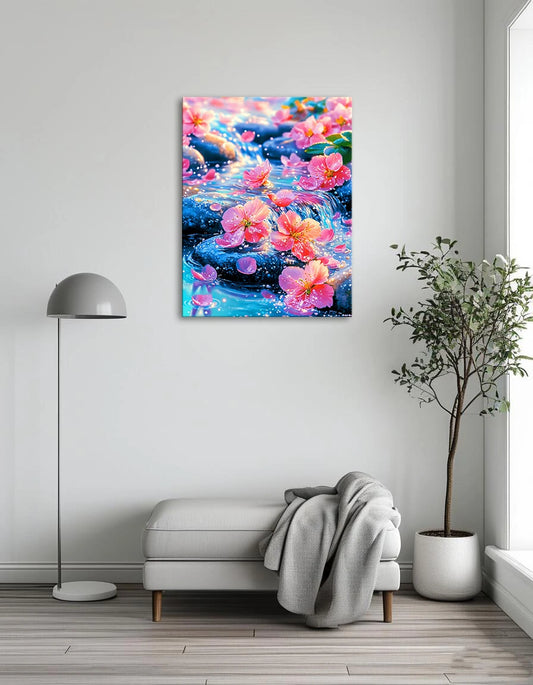 Pink flowers gently float on the surface of a clear stream, creating a serene and picturesque scene.