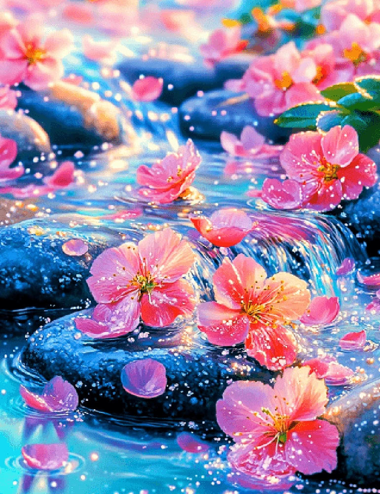 Pink flowers gently float on the surface of a clear stream, creating a serene and picturesque scene.