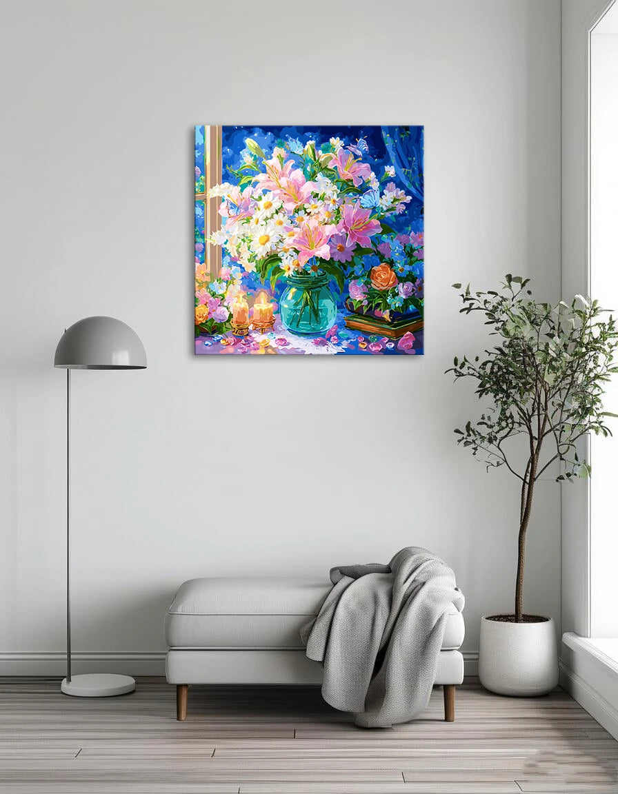 A vibrant painting featuring colorful flowers surrounded by softly glowing candles.
