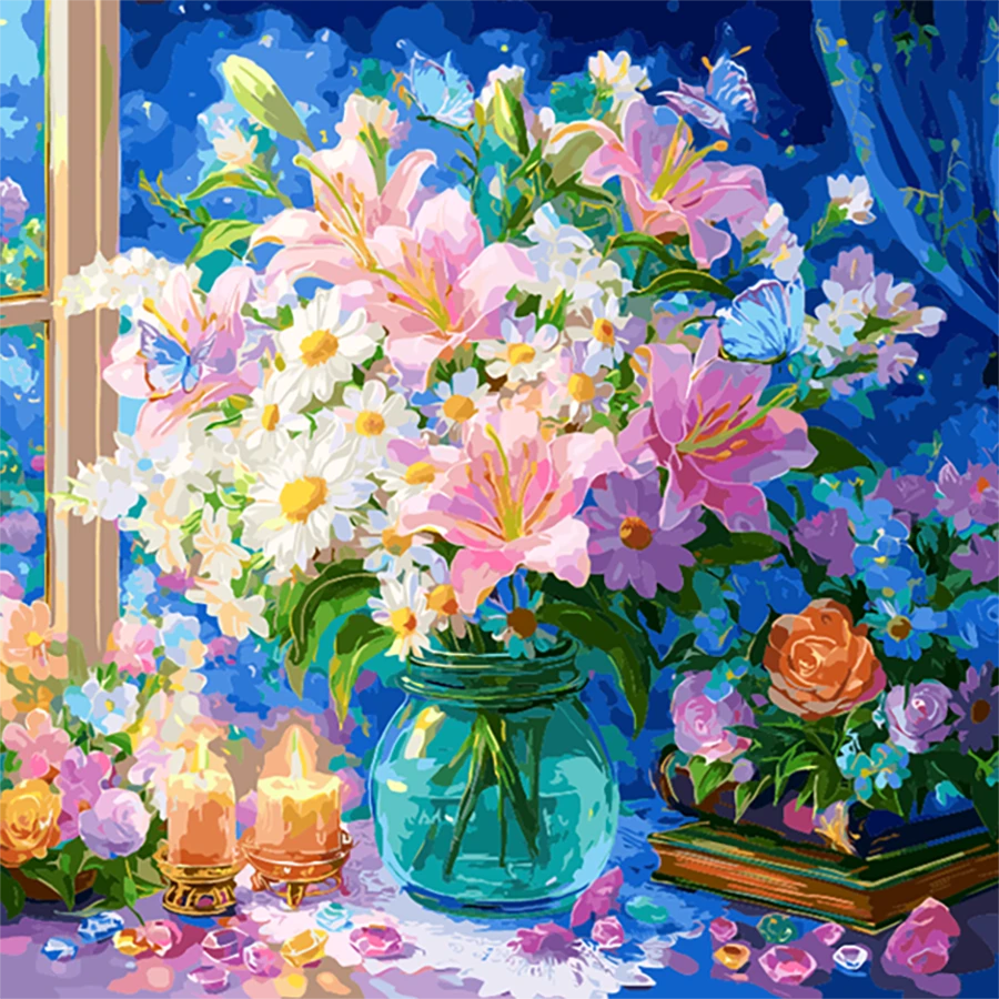 A vibrant painting featuring colorful flowers surrounded by softly glowing candles.
