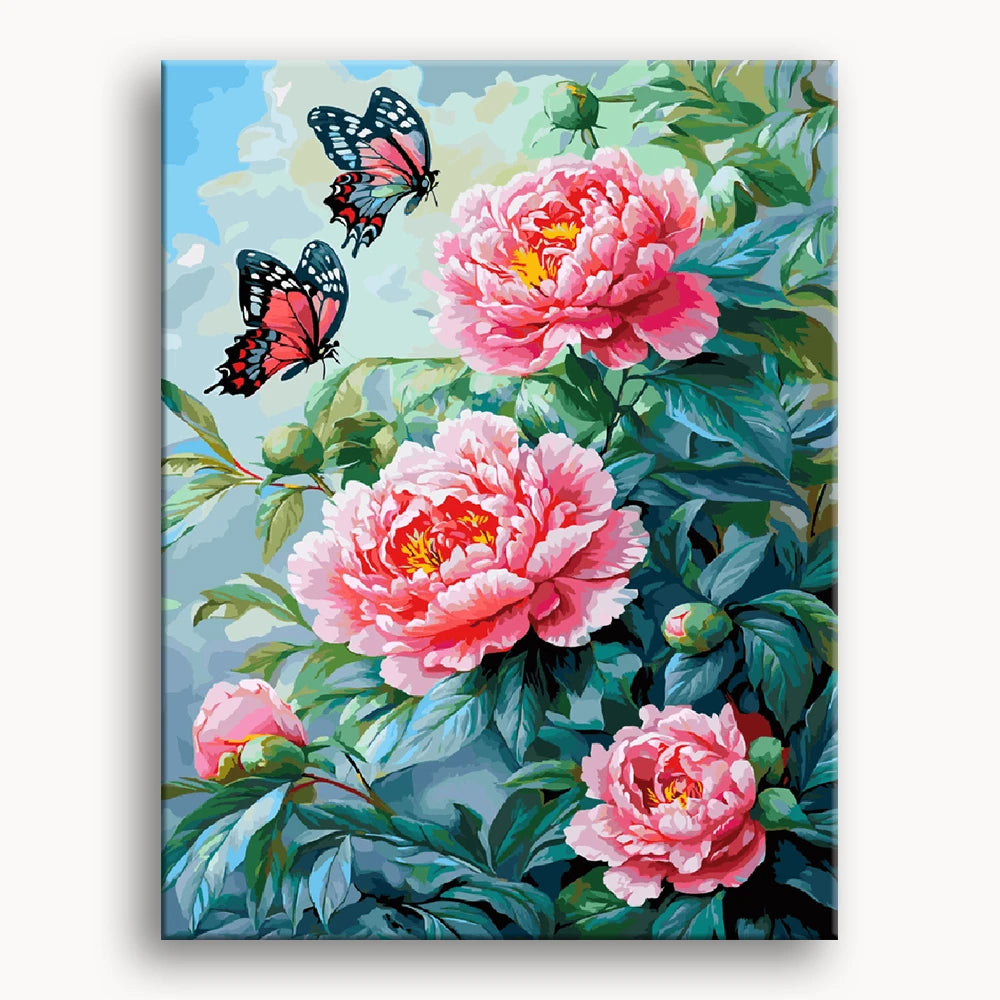 A vibrant painting featuring pink peonies surrounded by delicate butterflies in a lush, colorful setting.