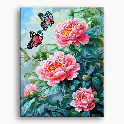 A vibrant painting featuring pink peonies surrounded by delicate butterflies in a lush, colorful setting.