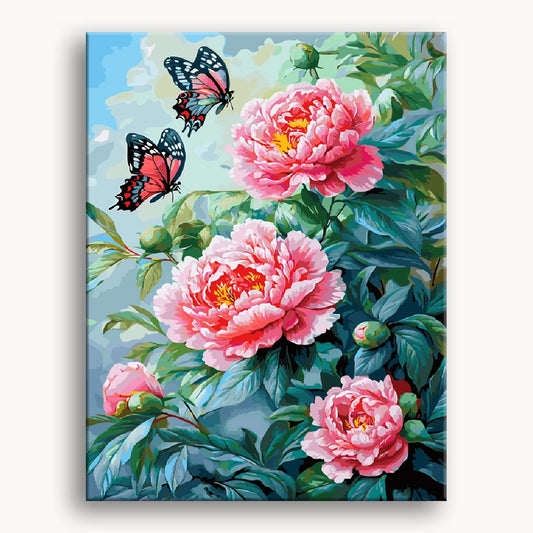 A vibrant painting featuring pink peonies surrounded by delicate butterflies in a lush, colorful setting.
