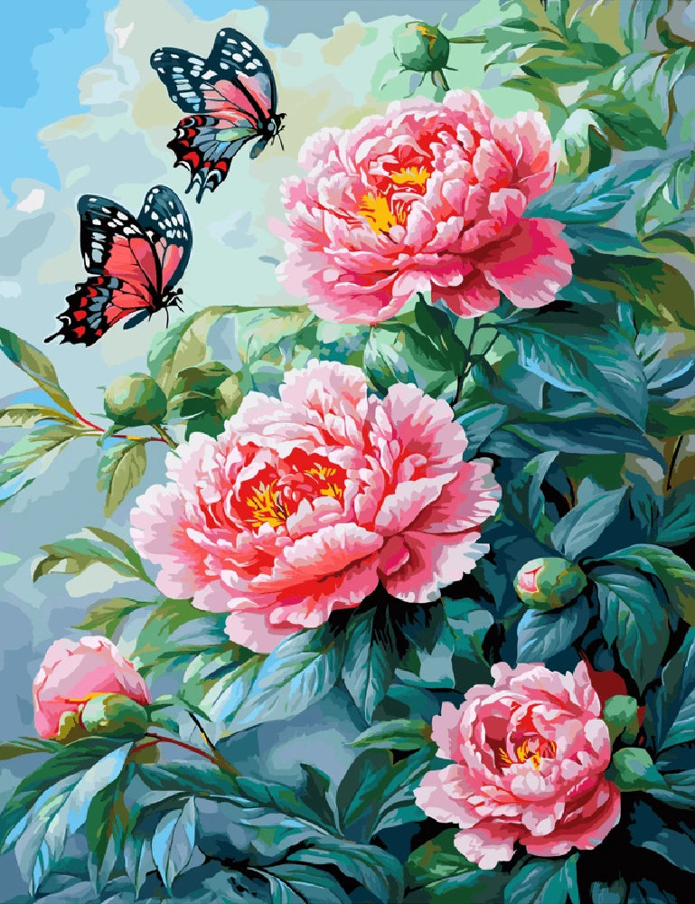 A vibrant painting featuring pink peonies surrounded by delicate butterflies in a lush, colorful setting.