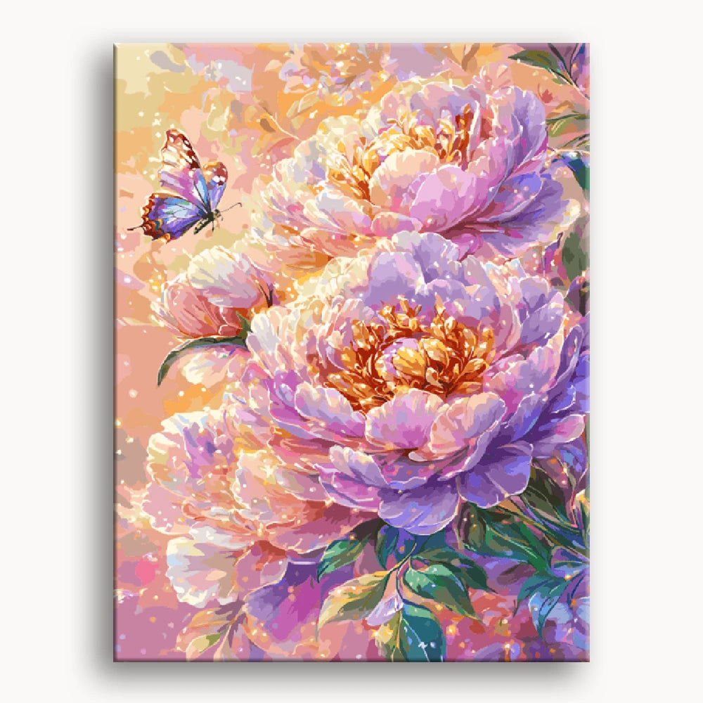 A vibrant painting featuring pink peonies surrounded by colorful butterflies in a lush garden setting.
