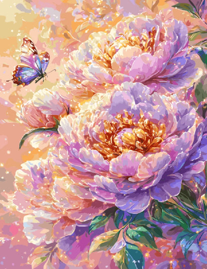 A vibrant painting featuring pink peonies surrounded by colorful butterflies in a lush garden setting.