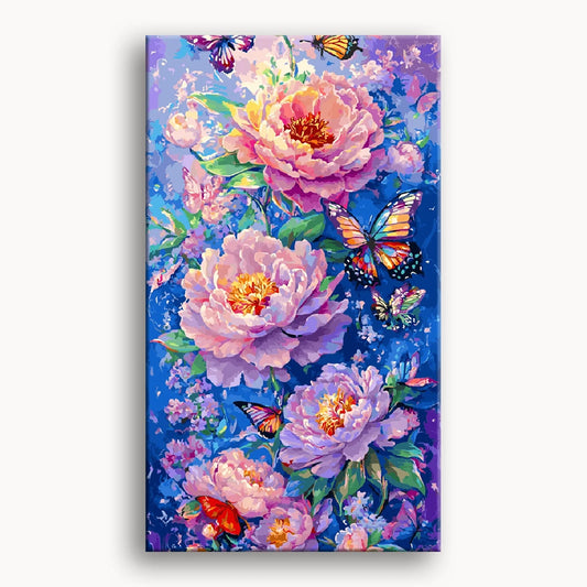 A vibrant painting featuring colorful flowers surrounded by delicate butterflies in a serene garden setting.