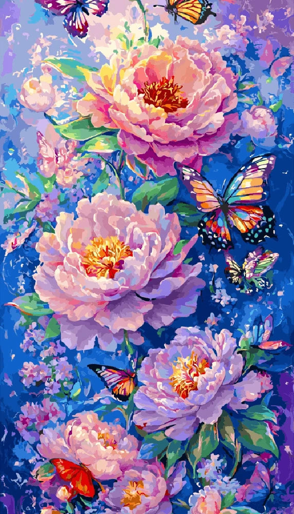 A vibrant painting featuring colorful flowers surrounded by delicate butterflies in a serene garden setting.