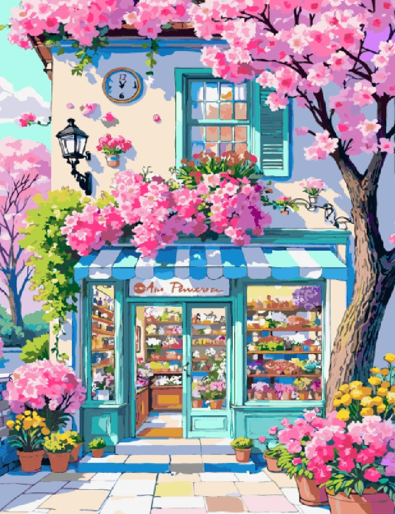 A vibrant painting of a flower shop filled with various pink flowers, showcasing a lively and colorful atmosphere.