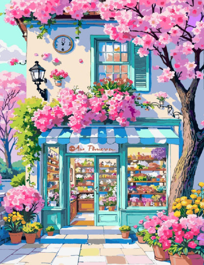 A vibrant painting of a flower shop filled with various pink flowers, showcasing a lively and colorful atmosphere.
