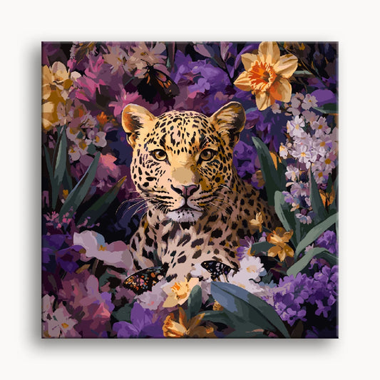A leopard depicted in a field of blooming flowers, showcasing a blend of wildlife and nature's beauty.