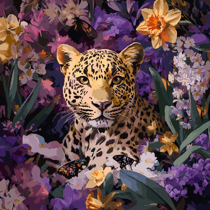 A leopard depicted in a field of blooming flowers, showcasing a blend of wildlife and nature's beauty.