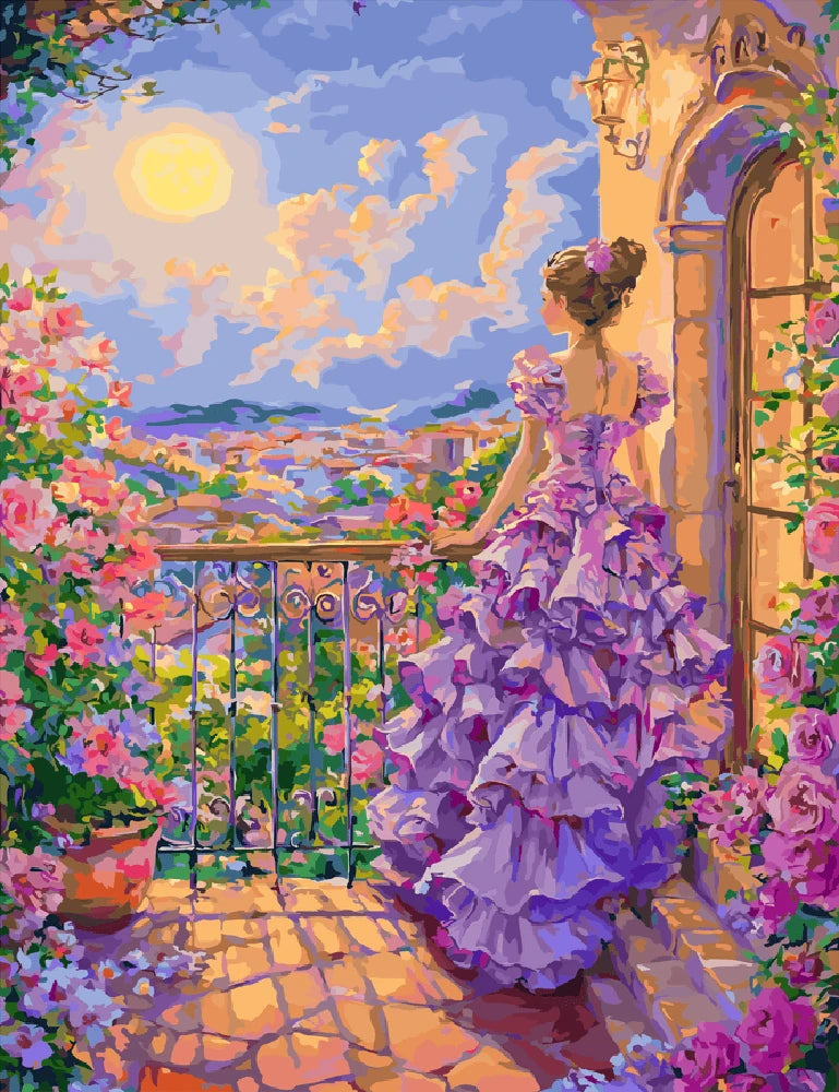 A painting of a woman in a purple dress gazing thoughtfully over a city skyline.