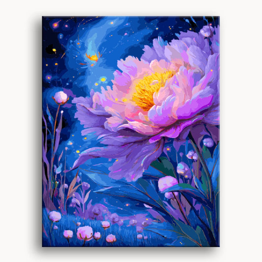 A vibrant painting of a flower illuminated against a deep blue night sky filled with twinkling stars.