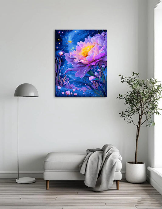 A vibrant painting of a flower illuminated against a deep blue night sky filled with twinkling stars.