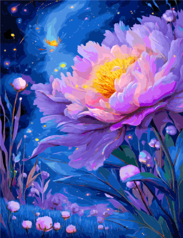 A vibrant painting of a flower illuminated against a deep blue night sky filled with twinkling stars.