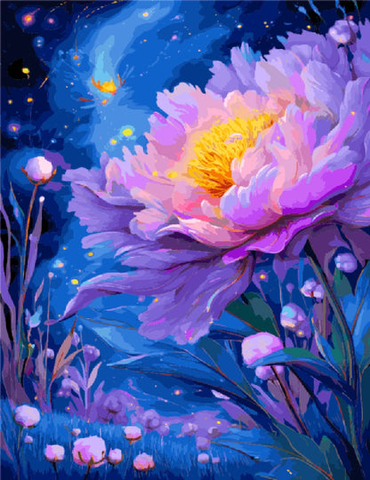 A vibrant painting of a flower illuminated against a deep blue night sky filled with twinkling stars.