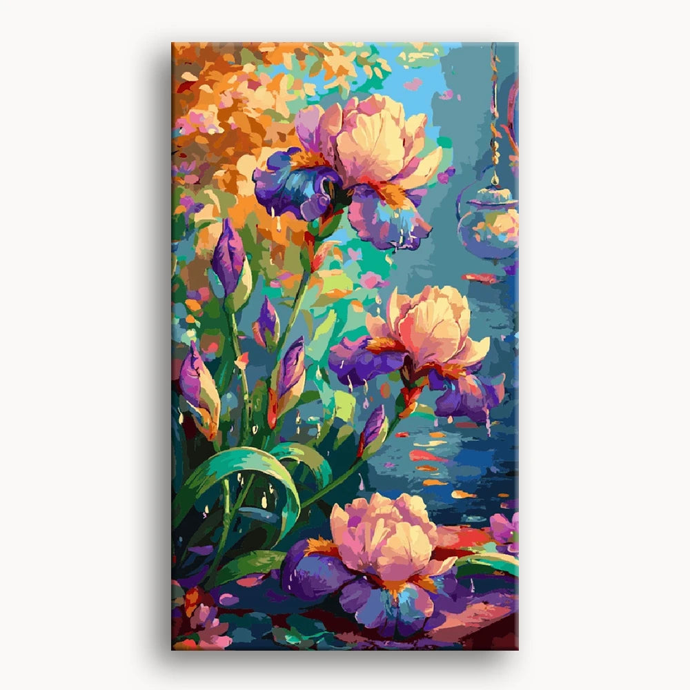 A vibrant painting of colorful flowers blooming in a lush garden setting.