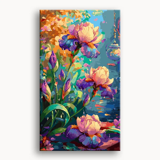 A vibrant painting of colorful flowers blooming in a lush garden setting.